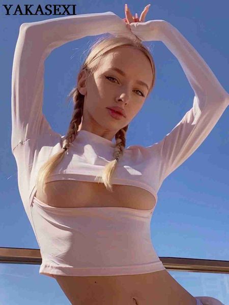 

yakasexi 2022 cutout long sleeve crop women y2k bodycon t-shirts fashion skinny yoga sports hollow out cropped tees 0225, White