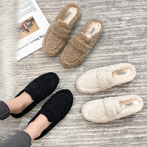 

slippers woman white wool slippers plush fur shoes winter girls pantuflas home designer mules cotton loafers femmes lambswool slides 230225, Black