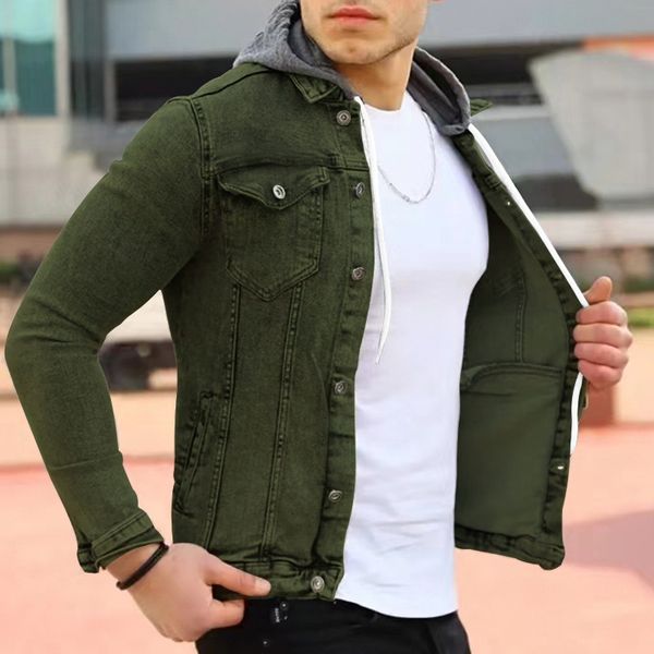 

men's jackets spring denim jacket men hooded casual men jean jackets streetwear solid denim bomber coats hat detachable slim fit men ja, Black;brown