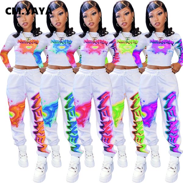 

women's two piece pants cm.yaya high street letter print women's suit sweatshirts jogger pants two piece set sweatsuit matching s, White