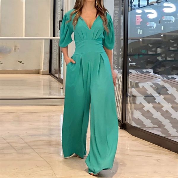 

women's jumpsuits rompers liyong women jumpsuit puff short sleeve v neck backless nipped waist loose wide legs casual pants romper high, Black;white