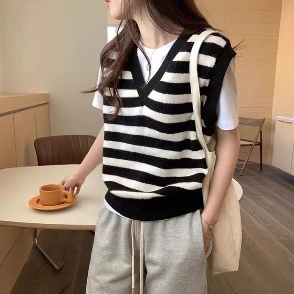 

women s vests longming knit striped sweater vest wool knitwears sleeveless jackets v neck pullover spring clothing korean fashion 230225, Black;white