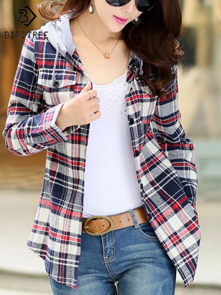 

women's blouses shirts plaid hooded shirts woman pocket cotton long sleeve casual all match blouse for spring autumn t27503x 230225, White