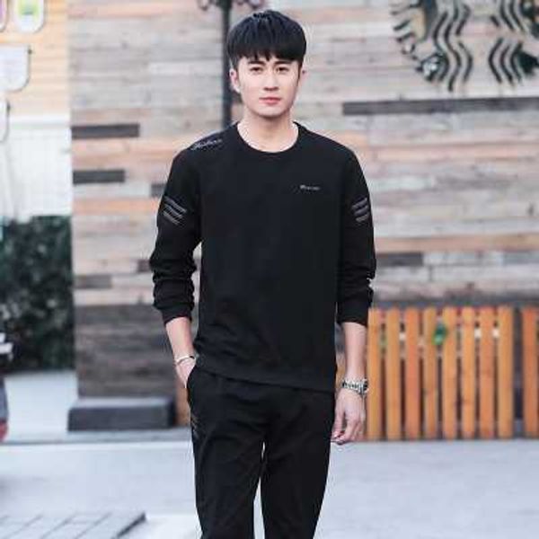 

spring and autumn cotton resistant long-sleeved sports trend embroidery solid color three-bar round neck sweater suit for men60q1, Gray