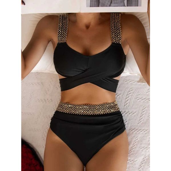 

thong swimsuit bikini 2022 new women two piece cross wrap bathing suit tie back high waist tummy control curvy set swimwear biquini, Black;white