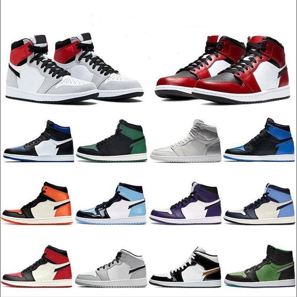 

new men basketball shoes jumpman 1 1s bred royal black chicago toe court purple white mid light smoke grey pale ivory chaussures t2429