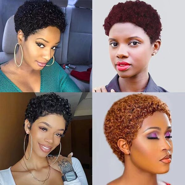 

pixie curl machine-made wig short wig afro curly 150% density, Black