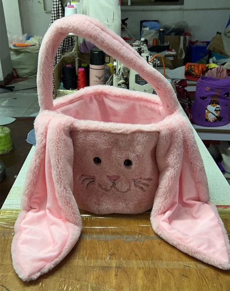 

easter basket cartoon handbags plush long ears rabbit bucket furry bunny gift bags kids easter egg candy toy tote bags, Black