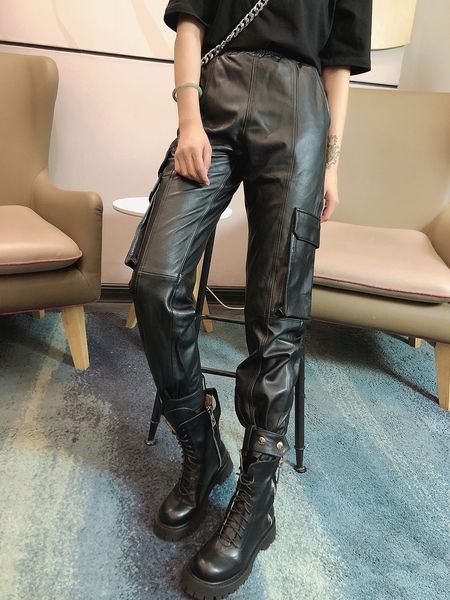 

women's pants s genuine sheepskin leather spring autumn streetwear women leisure female ropa para mujer zjt925 230225, Black;white