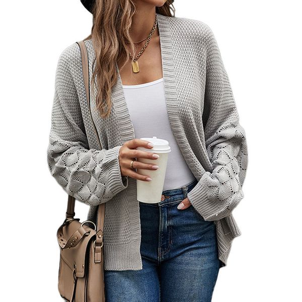 

cardigan long women's sweaters solid color openwork stiches hollow out knitted casual coats knits knitwear with lantern loose long sle, White;black