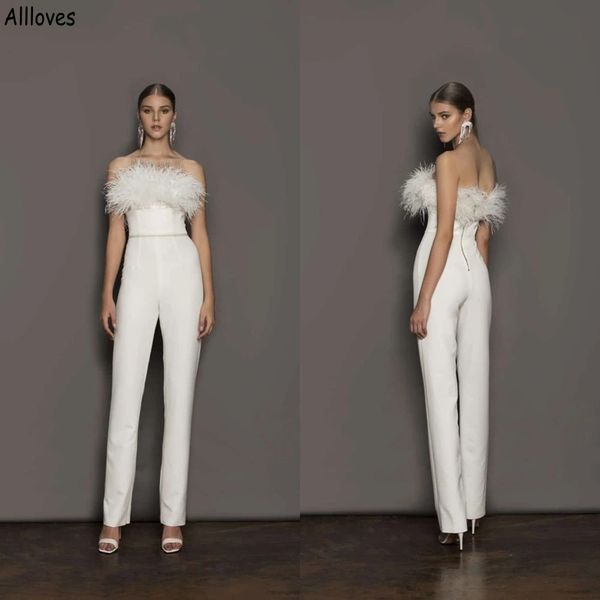 

modest jumpsuits sheath wedding dresses ivory satin luxury furs boho beach country bridal gowns long pantsuits formal occasion reception par, White