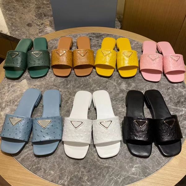 

casual shoes summer new slippers ostrich print square head designer leather low heel high-heel triangle metal label flat outside wear women, Black