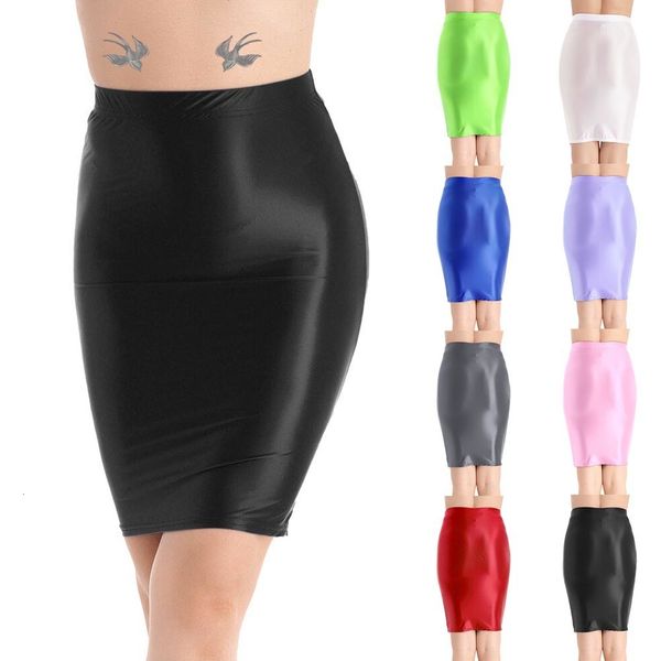 

skirt mini bodycon office glossy shiny high waist pencil slim knee stretchy shirts clubwear 230225, Black