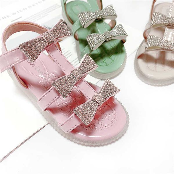 

sandals bowtie sandals girl soft sole slip on rhinestone princess shoes dress up pretty summer 2021 pink green khaki z0225, Black;red