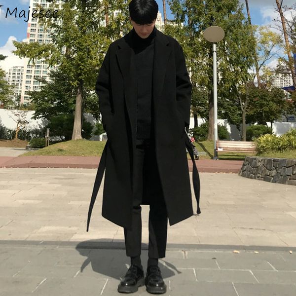 

men' blends men black coats vintage japan style loose sashes casual harajuku outwear over knees all-match thickening warm korean 230225