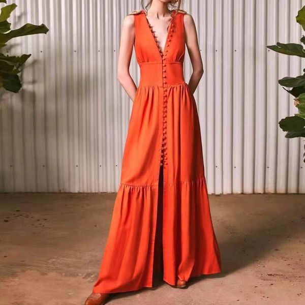

2023 vintage ladies dress v-neck gathered waist sleeveless long dress, Black;gray