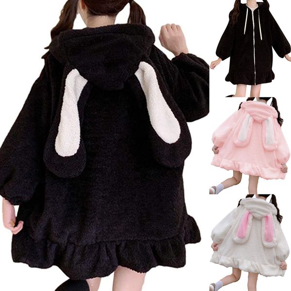 

women's hoodies sweatshirts hoodies women large size solid zip-up long lantern sleeve hooded rabbit ears lolita cute sweet girls haraju, Black