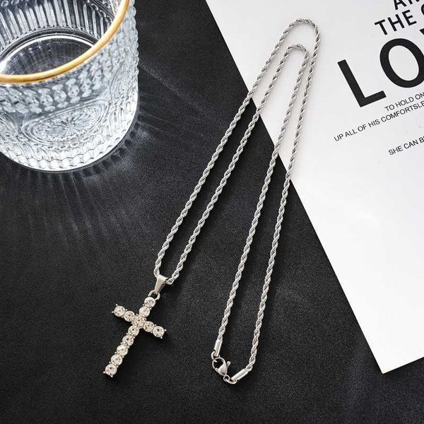 

new titanium steel cross diamond pendant necklace men's fashion zircon modern ins hip hop cool accessories, Silver