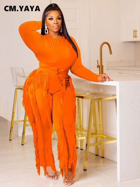

women's two piece pants cm.yaya elegant women's set long sleeve t-shirt and tassel pants suit autumn winter active tracksuit two 2, White