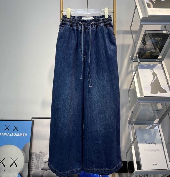 

women's jeans new style of autumn straight drawstring capris embroidery design high waist loose jeans women, Blue
