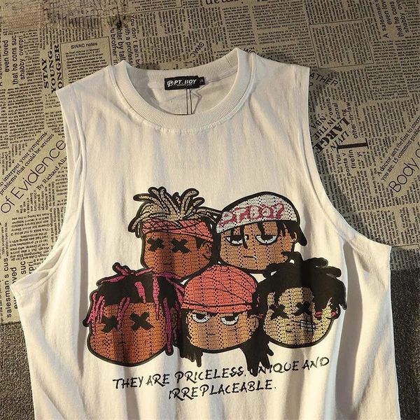

women's tshirt european and american retro cartoon avatar print men women trend college style sports sleeveless tshirt y2k clothing 230, White
