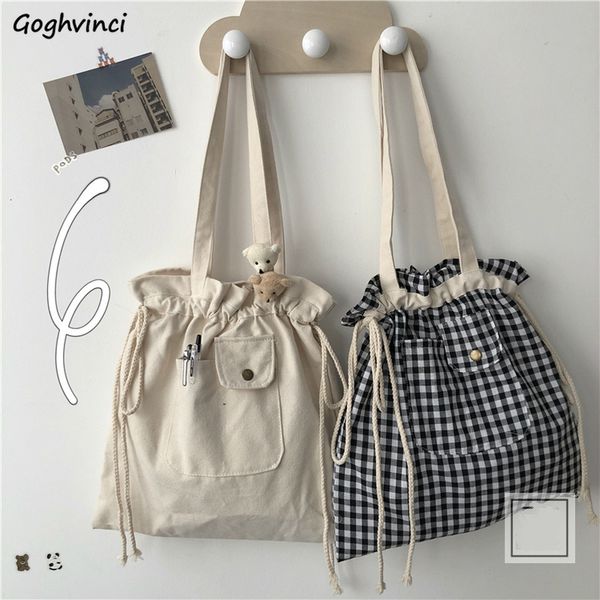 

shopping bags shopping bags women plaid drawstring casual adjustable large capacity ins cute students shopper canvas bag simple korean style