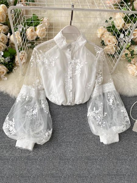 

women's blouses shirts women french mesh lace blouse stand collar three-dimensional embroidered puff sleeves court style slim shirt fem, White