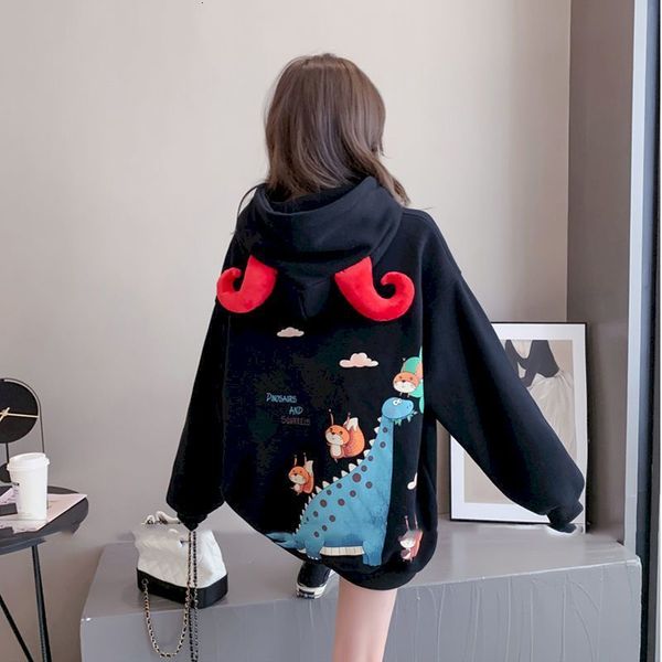 

womens hoodies sweatshirts autumn winter hoodies women korean plus velvet thick hooded jackets women student loose cartoon calf horn kawaii, Black