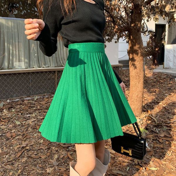

skirt short green beige black knitted pleated aline high waist korean spring autumn winter mujer faldas 230225