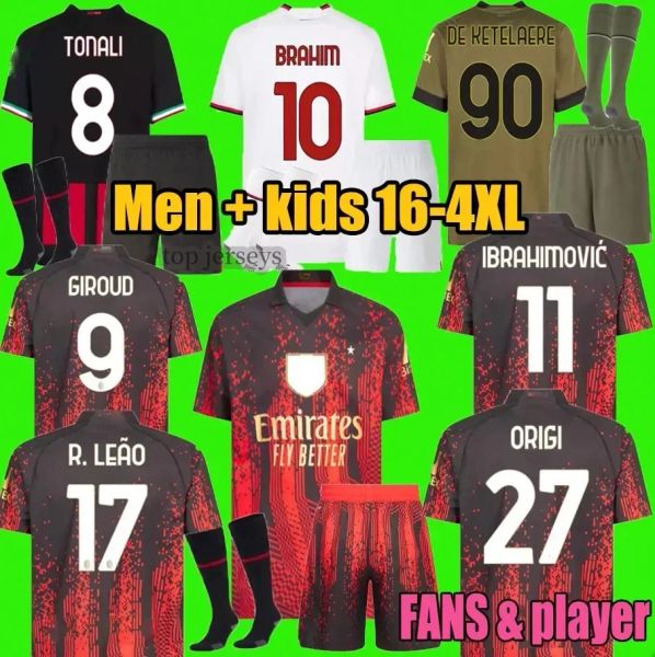 

22 23 ac s soccer jersey ibrahimovic giroud de ketelaere r. leao tonali theo football shirt kids kit sets, White;black