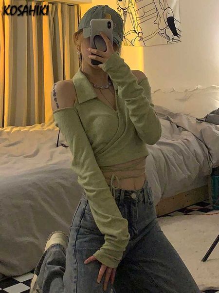 

kosahiki mujer korean chic short girl hollow out long sleeve t-shirt solid lady slim basic t shirt 2023 spring y2k tee 0225, White