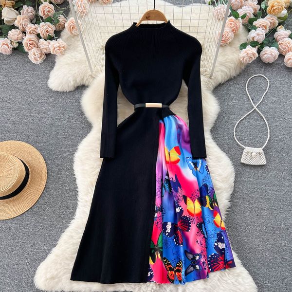 

print patchwork women sweater dress half high collar rero sashes sheath dress winter fashion knitted a line long dress 2023, Black;gray