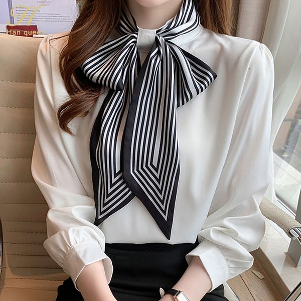 

women's blouses shirts h han queen office shirt womens blouses bow vintage work casual chiffon blouse elegant long sleeve loose shirts, White
