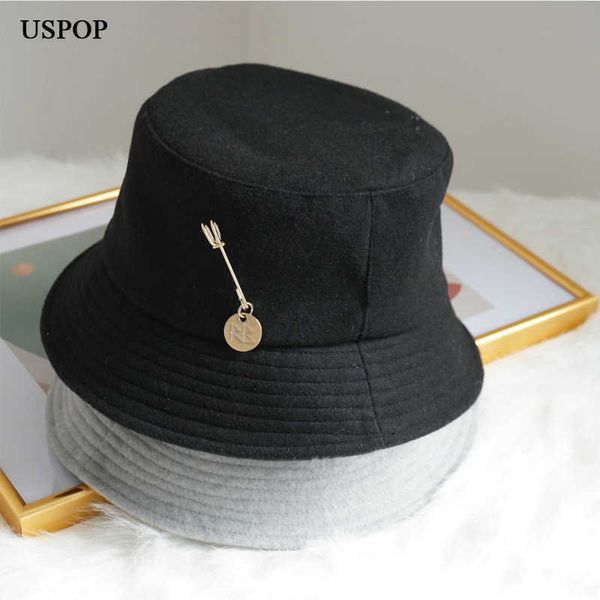 

hbp brim hats uspop brand wide new women bucket hats winter wool hats letter metal pin bucket hats panama hats p230327, Blue;gray