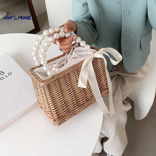 

totes 2022 women str purses and handbags summer rattan handmade tote bags ladies ribbons beach basket pearl beads travel y2302