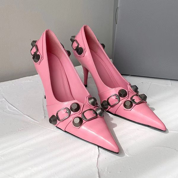 

pink lambskin pumps shoes stud buckle embellished slip-on pointed toe stiletto fashion show evening shoes luxury designers shoe for women fa, Black