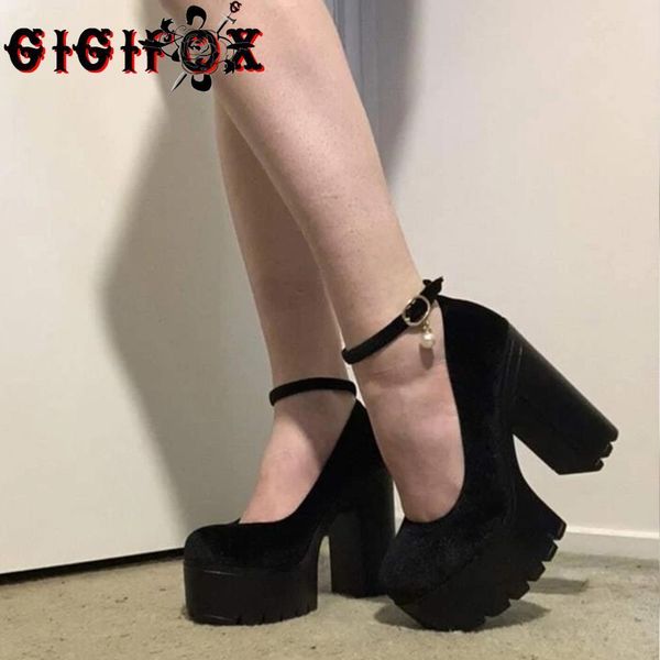 

dress shoes gigi platform chunky heeled pumps for women velet ankle strappy block high heels spring office mary janes 230225, Black