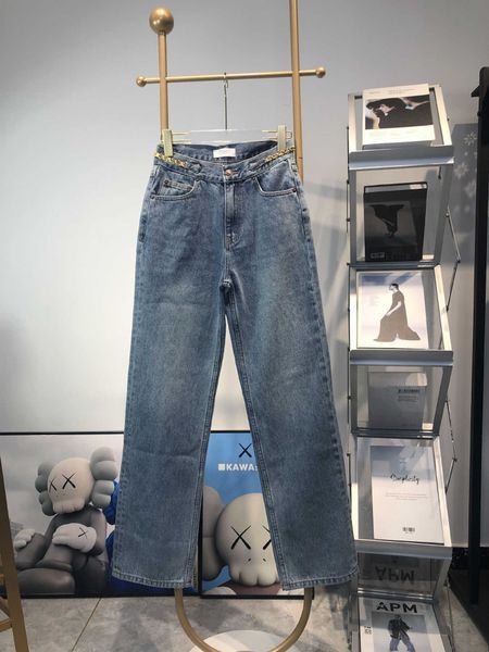 

women's jeans triumphal belt gold chain autumn new season straight tube high waist skinny denim trousers female, Blue