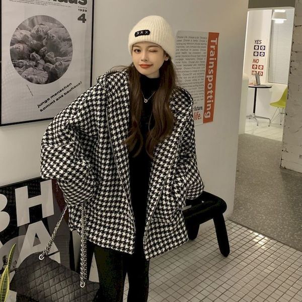 

womens hoodies womens cardigan hoodies fashion houndstooth woolen hooded coat autumn winter trendy loose thickened woolen hooded jackets wom, Black