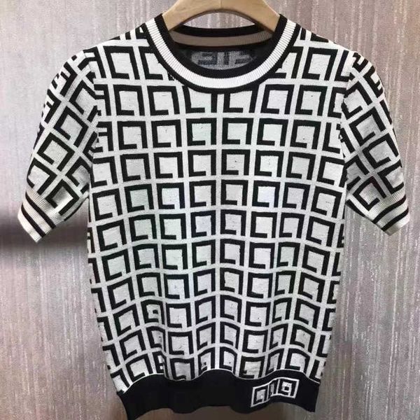 

women's knits & tees autumn and winter new classic style jacquard contrast splice short sleeve knitwear women, White