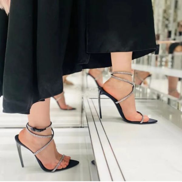 

new sandals black leather sandals rhinestone-encrusted strap spool heels sky-high heel for 11mm women summer luxury designers shoes party he