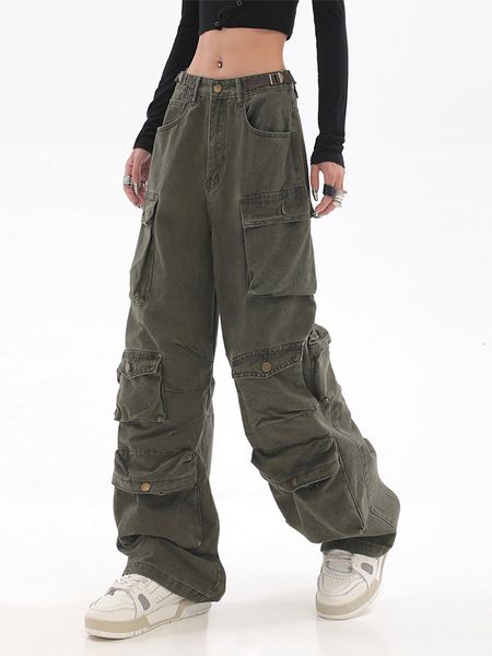 

women's pants s y2k casual baggy jean loose low waist retro overalls hip hop streetwear straight denim wide leg cargo 230225, Black;white