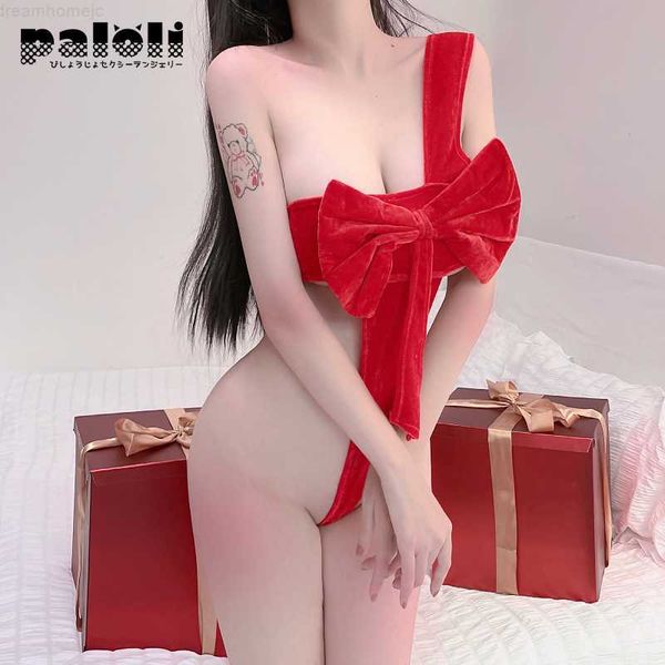 

lingerie set women backless bandage christmas bodysuit big bow velvet tempatation exotic costumes see through nightclub new 0225, Red;black