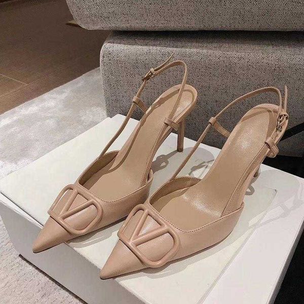 

shoes 2023 summer new v-button rhinestone pointed thin shoes kitten baotou sandals women's family high heels, Black