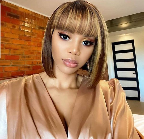 

machine-made wig bob with bang short wig straight piano colors 150% density, Black