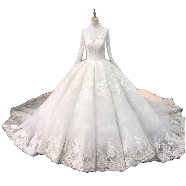 

luxurious muslim lace wedding dresses high collar wedding dress with long sleeve applique bridal gowns, White