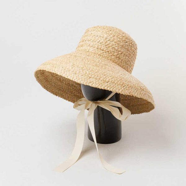 

wide brim hats 20205-hh7330 long ribbon handmade raffia grass hepburn style lampshade shape lady bucket hat outdoor women holiday beach cap, Blue;gray