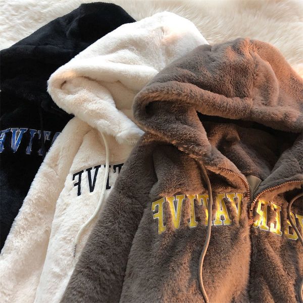 

women's hoodies sweatshirts lamb plush winter clothes women vintage letter embroidery thickened sweatshirt women loose and lazy hoodie, Black