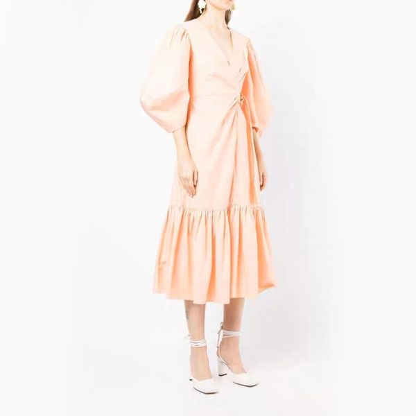 

2023 ladies dress v-neck gathered waist lantern sleeve soft pink midi fit&flare dress, Black;gray