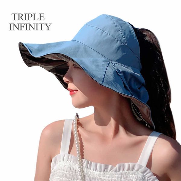 

wide brim hats 2022 summer large bucket hat foldable uv protection beach cap ponytail hole panama bob outdoor hiking hats for women large br, Blue;gray